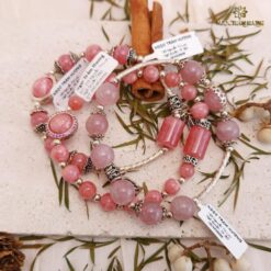 Vòng tay đá thạch anh hồng mix charm bạc