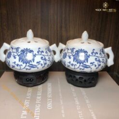 Lư xông điện trầm hương hoa văn xanh-trắng
