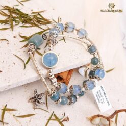 Vòng tay Đá Aquamarine mix Charm bạc 7 li